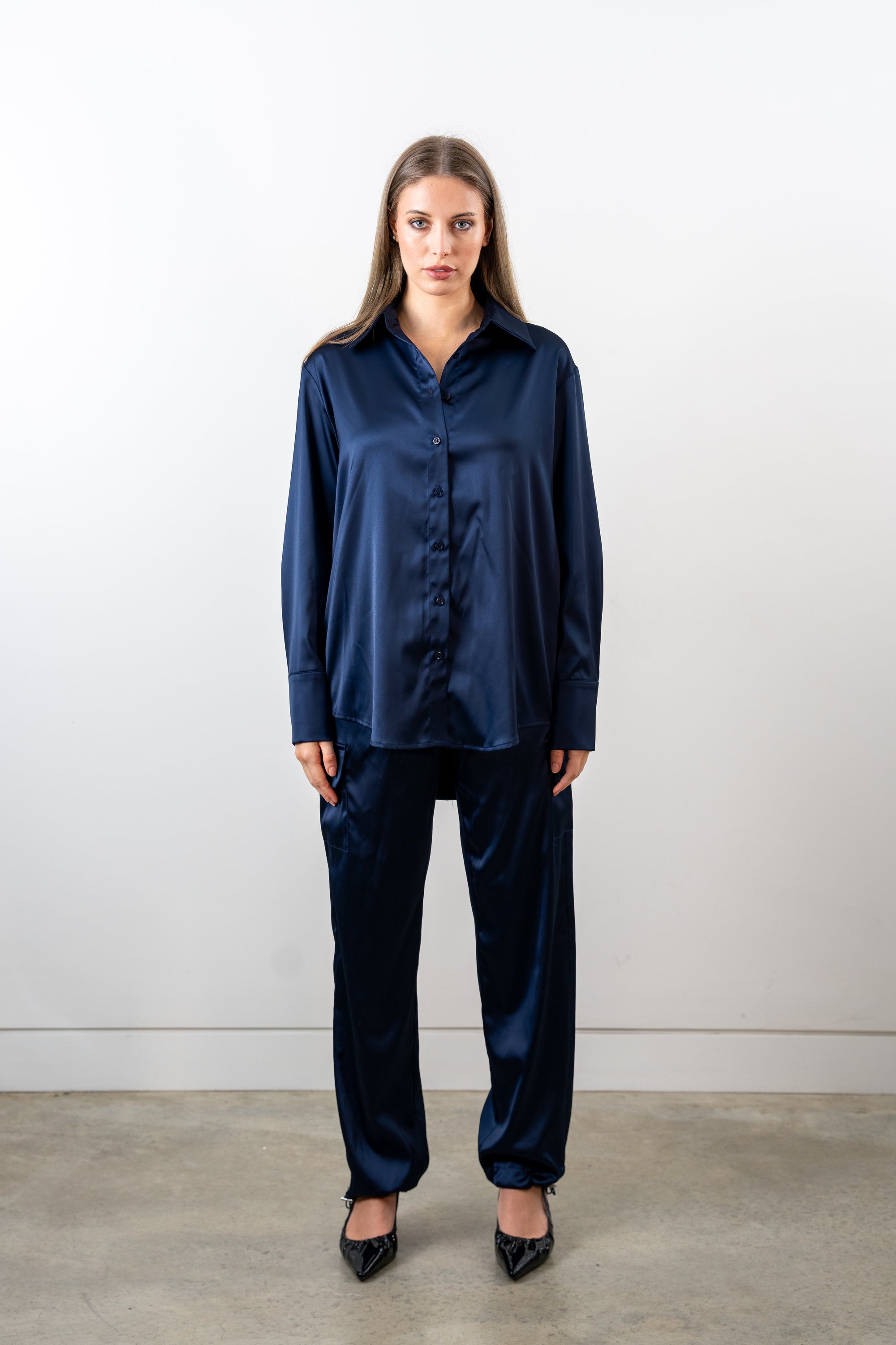 Harper Navy Satin Cargo Pants