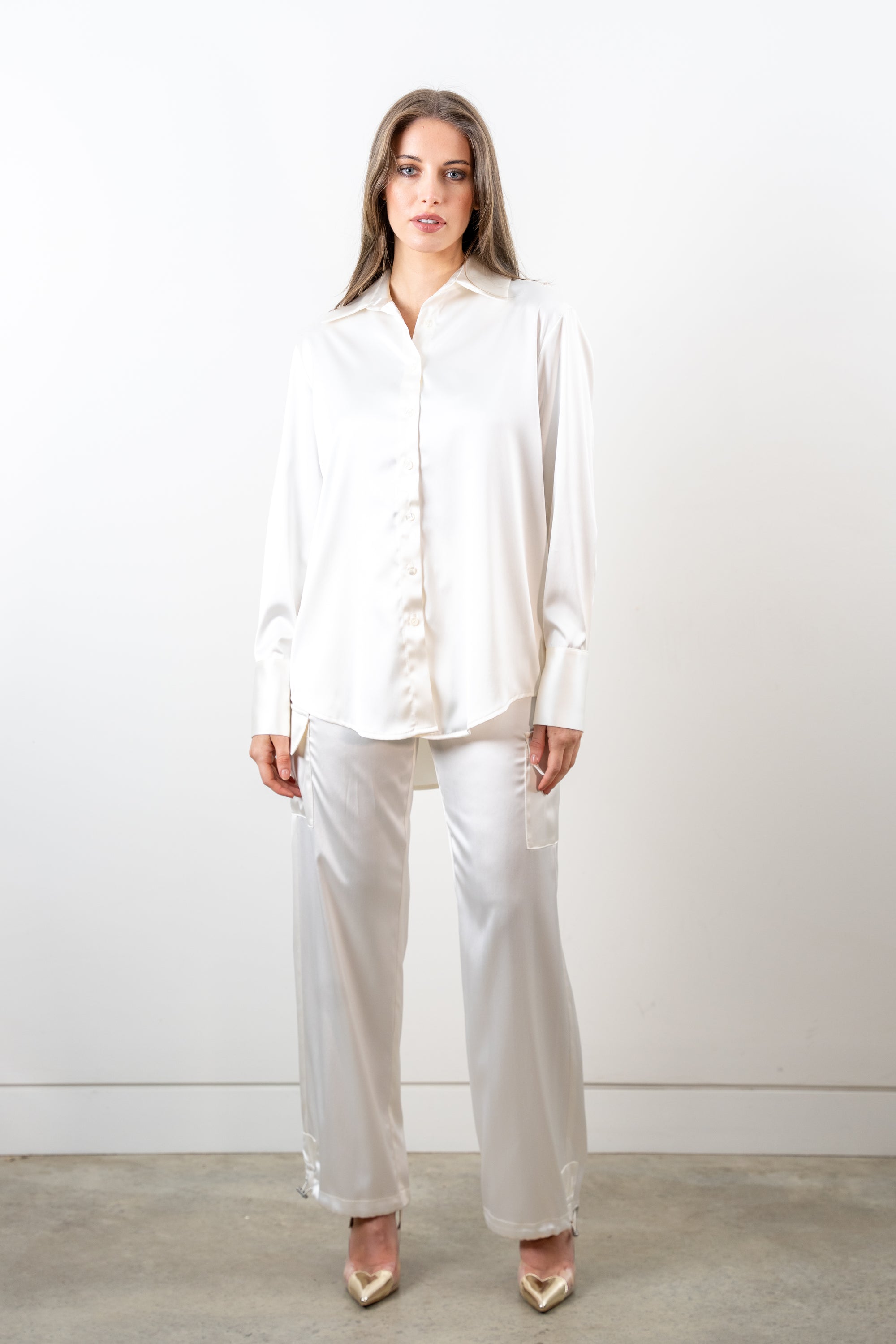 Mia Relax Fit Satin Shirt in Ivory
