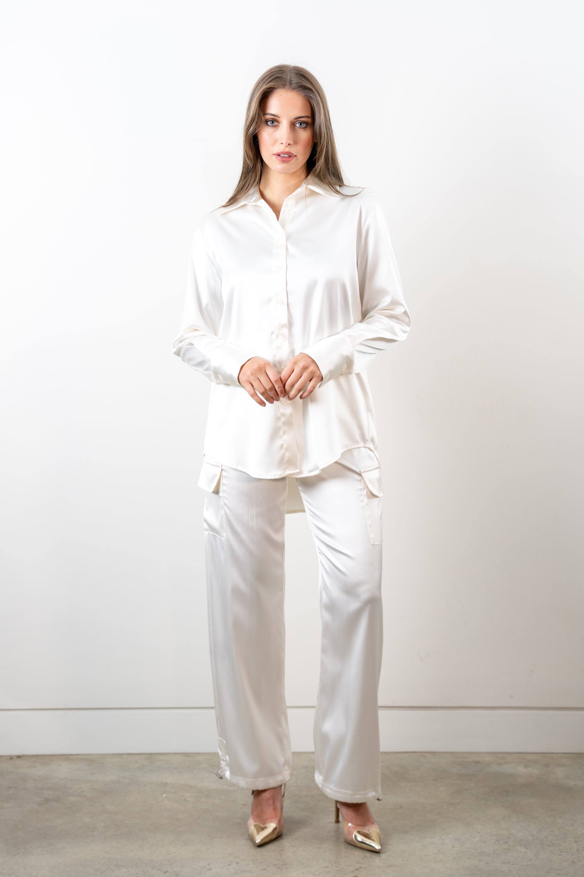 Mia Relax Fit Satin Shirt in Ivory