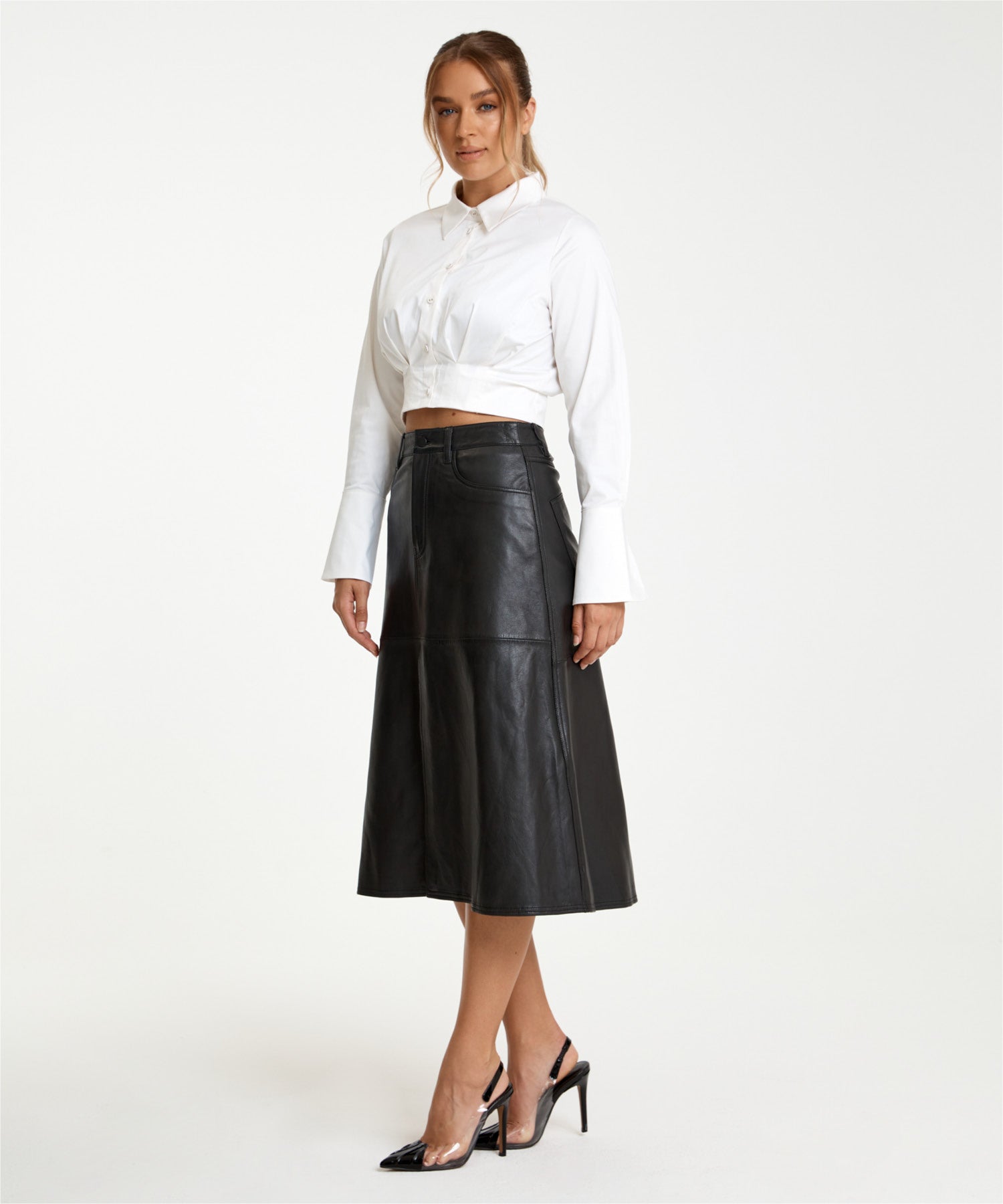 Bianca Crop White Shirt Maya Leather Skirt