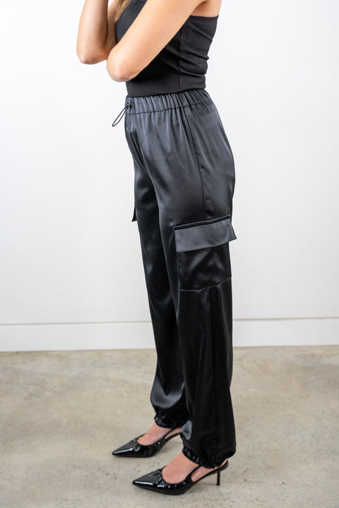 Harper Black Satin Cargo Pants